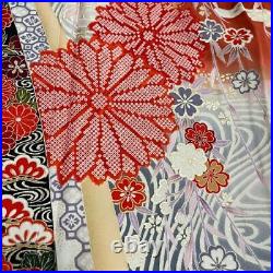 Japanese Kimono FURISODE long sleeves Silk Gold color Red Msize about 157cm