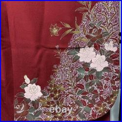 Japanese Kimono Furisode Camellia Gold Color Red Pure Silk