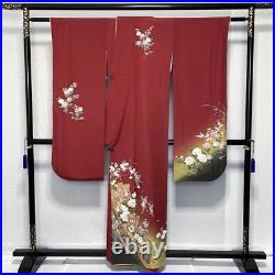 Japanese Kimono Furisode Flower Pattern Red Pure Silk Lined Pole