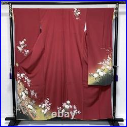 Japanese Kimono Furisode Flower Pattern Red Pure Silk Lined Pole