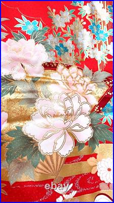 Japanese Kimono Furisode Fukuro obi 2 piece set/Luxury Red Gold embroidery