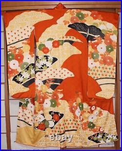 Japanese Kimono Furisode Pure Red and Gold Silk Vintage