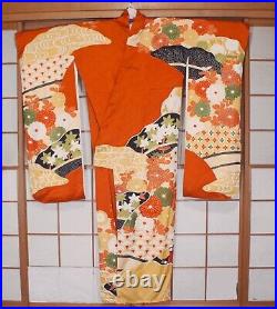 Japanese Kimono Furisode Pure Red and Gold Silk Vintage