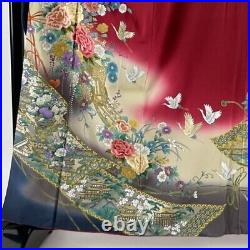 Japanese Kimono Furisode Pure Silk An Ox Drawn Coach Crane Embroidery Deep Red