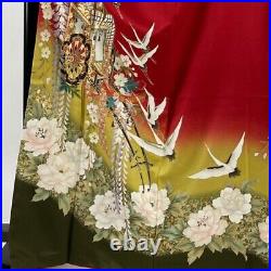 Japanese Kimono Furisode Pure Silk An Ox Drawn Coach Crane Gold Paint Deep Red