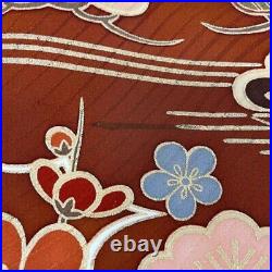 Japanese Kimono Furisode Pure Silk An Ox Drawn Coach Crane Reddish Brown