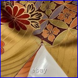 Japanese Kimono Furisode Pure Silk An Ox Drawn Coach Crane Reddish Brown