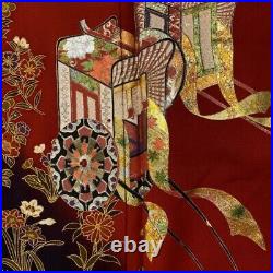 Japanese Kimono Furisode Pure Silk An Ox-Drawn Coach Flower Gold Paint Red