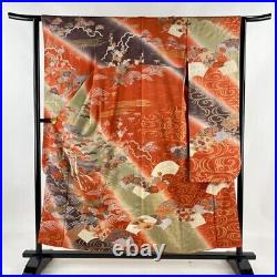 Japanese Kimono Furisode Pure Silk An Ox Drawn Coach Flower Madder Red Color
