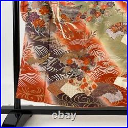 Japanese Kimono Furisode Pure Silk An Ox Drawn Coach Flower Madder Red Color