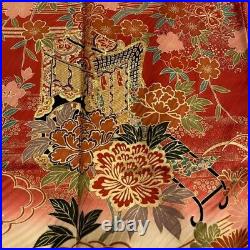 Japanese Kimono Furisode Pure Silk An Ox Drawn Coach Flowering Grasses Red