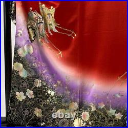 Japanese Kimono Furisode Pure Silk An Ox Drawn Coach Gold And Silver Paint Red