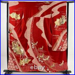 Japanese Kimono Furisode Pure Silk An Ox Drawn Coach Grass Flower Gold Paint Red