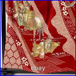 Japanese Kimono Furisode Pure Silk An Ox Drawn Coach Grass Flower Gold Paint Red
