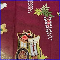 Japanese Kimono Furisode Pure Silk An Ox Drawn Coach Wistaria Embroidery Red