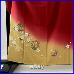 Japanese Kimono Furisode Pure Silk Bell Cherry Blossoms Gold Thread Red