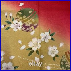 Japanese Kimono Furisode Pure Silk Bell Cherry Blossoms Gold Thread Red
