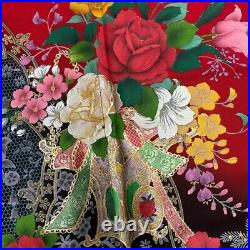 Japanese Kimono Furisode Pure Silk Bouquet Peafowl Gold And Silver Paint Red
