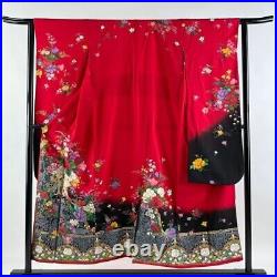 Japanese Kimono Furisode Pure Silk Bouquet Peafowl Gold And Silver Paint Red
