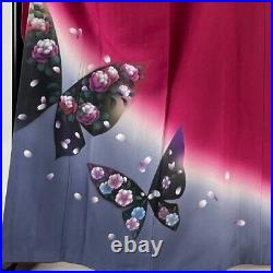 Japanese Kimono Furisode Pure Silk Butterfly Bract Silvery Gradation Deep Red