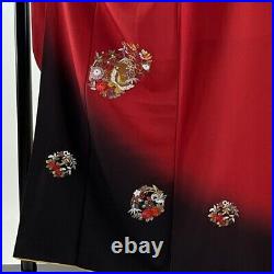 Japanese Kimono Furisode Pure Silk Butterfly Flower Design Gold Thread Red Color
