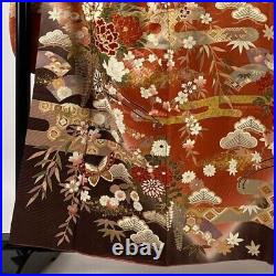 Japanese Kimono Furisode Pure Silk Butterfly Frail Gold Paint Madder Red