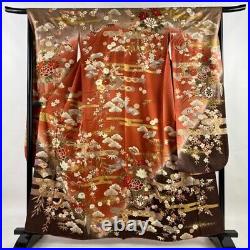 Japanese Kimono Furisode Pure Silk Butterfly Frail Gold Paint Madder Red