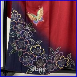 Japanese Kimono Furisode Pure Silk Butterfly Gold And Silver Paint Red Color