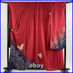 Japanese Kimono Furisode Pure Silk Butterfly Gold And Silver Paint Red Color