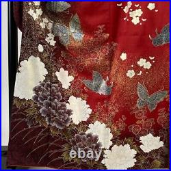 Japanese Kimono Furisode Pure Silk Butterfly Moutan Gold Thread Gold Paint Red