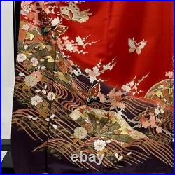 Japanese Kimono Furisode Pure Silk Butterfly One Wheeled Vehicle Gold Paint Red