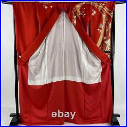 Japanese Kimono Furisode Pure Silk Butterfly One Wheeled Vehicle Gold Paint Red
