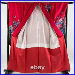 Japanese Kimono Furisode Pure Silk Butterfly Rose Gold And Silver Paint Red
