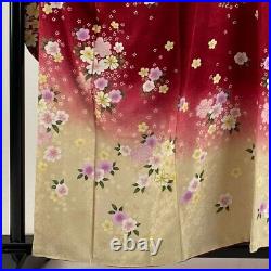 Japanese Kimono Furisode Pure Silk Cherry Blossom Foil Red Color M Size