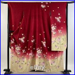 Japanese Kimono Furisode Pure Silk Cherry Blossom Foil Red Color M Size