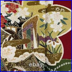 Japanese Kimono Furisode Pure Silk Cherry Blossom Gold Paint Red Color