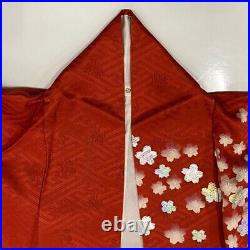 Japanese Kimono Furisode Pure Silk Cherry Blossom Peafowl Gold paint Red Color