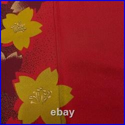Japanese Kimono Furisode Pure Silk Cherry Blossom Tree Silhouette Gold Paint Red