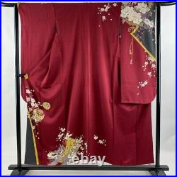 Japanese Kimono Furisode Pure Silk Cherry Blossoms Ball Gold Thread Red Color