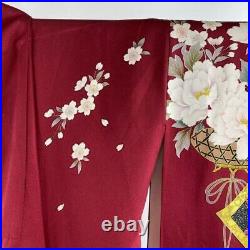 Japanese Kimono Furisode Pure Silk Cherry Blossoms Ball Gold Thread Red Color