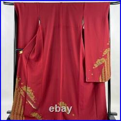 Japanese Kimono Furisode Pure Silk Chinese Plum Petals Gold Paint Deep Red Color