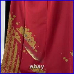 Japanese Kimono Furisode Pure Silk Chinese Plum Petals Gold Paint Deep Red Color