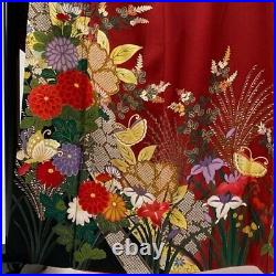 Japanese Kimono Furisode Pure Silk Chrysanthemum Butterfly Foil Gold Paint Red