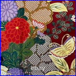 Japanese Kimono Furisode Pure Silk Chrysanthemum Butterfly Foil Gold Paint Red