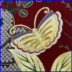 Japanese Kimono Furisode Pure Silk Chrysanthemum Butterfly Foil Gold Paint Red