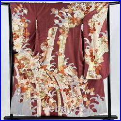 Japanese Kimono Furisode Pure Silk Chrysanthemum Wave Gold Paint Purplish Red