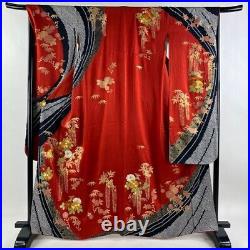Japanese Kimono Furisode Pure Silk Chrysanthemum Wisteria Gold Thread Red Color