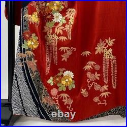 Japanese Kimono Furisode Pure Silk Chrysanthemum Wisteria Gold Thread Red Color