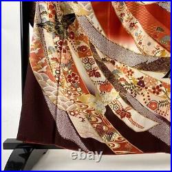 Japanese Kimono Furisode Pure Silk Crane Gold Paint Madder Red