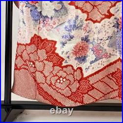 Japanese Kimono Furisode Pure Silk Fan Surface Flower Tie Dye Madder Red